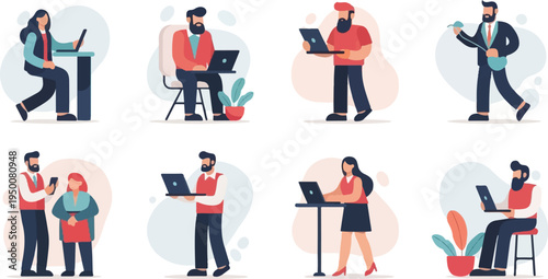 Diverse individuals engaged in various work-related activities with technology