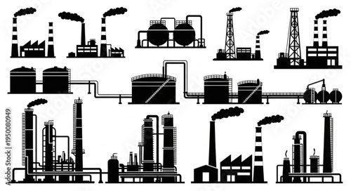 Silhouette of Industrial Plants and Factories with Chimneys.