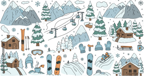 Winter Ski Resort Landscape Set with Mountains Gondola Cabins Snowboard Chalet Pine Trees Snow Sports Vector Illustration