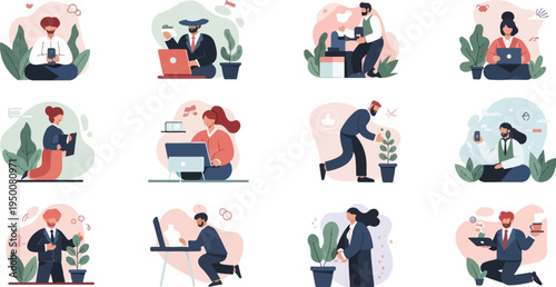 Diverse individuals engaged in various tasks including laptop use, gardening, and working
