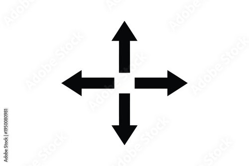 Black arrows pointing up, down, left, and right on white background, direction symbol, navigation icon, four-way arrow sign, graphic element for design.