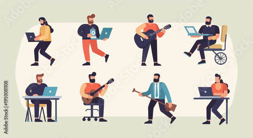 Diverse individuals engaged in work and creative pursuits