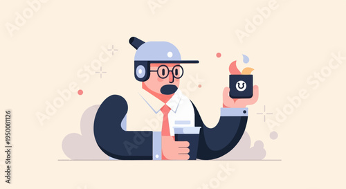 Stylized person in a headset and tie, holding a cup and a glowing object