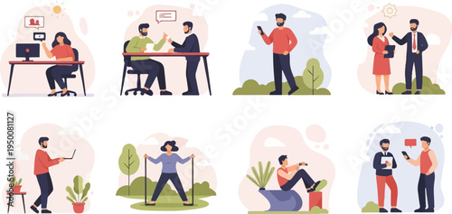 Diverse individuals engaging in various work and leisure activities