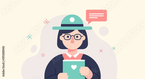 Stylized illustration of a person in a hat, holding a book with a heart