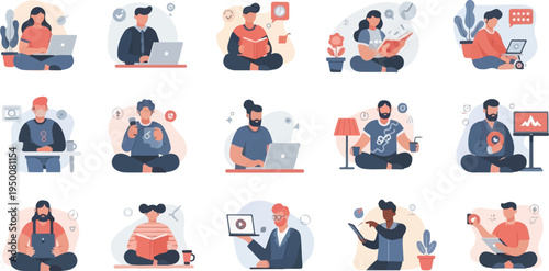 Diverse individuals engaging in work, reading, and digital activities at home