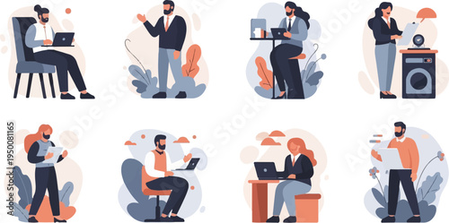 Diverse individuals engaged in work and leisure activities, illustrating modern lifestyles