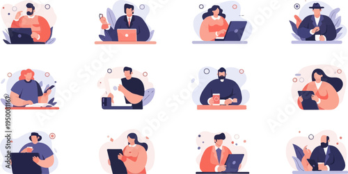 Diverse individuals engaged in work and leisure activities, often with technology