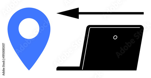 Data transfer concept. A blue GPS marker and laptop illustrate data transfer and geolocation. Data transfer for logistics, remote work, connectivity, technology, and GPS