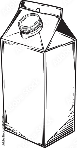 detailed black and white outline drawing of a milk carton, ideal for dairy product and breakfast illustrations