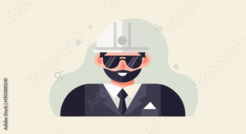 Stylized man in hard hat and suit with sunglasses and beard