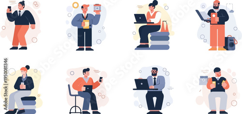 Diverse individuals engaging with technology and everyday items