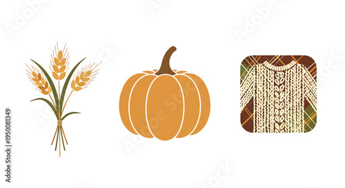 Wheat Ears, Pumpkin, and Knitted Sweater Illustration.
