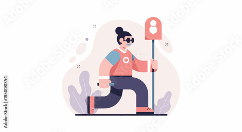 Stylized person in athletic wear lunges with a pole, abstract background