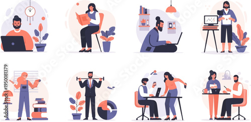 Diverse individuals engaged in various work and leisure activities, illustrating productivity and balance