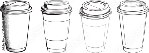 minimalist black and white outline drawing of a disposable coffee cup, perfect for cafe and morning beverage imagery
