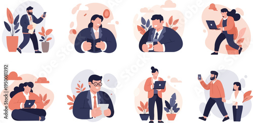 Diverse individuals engaging with technology and nature in a modern business setting