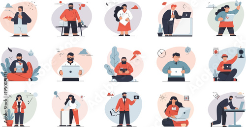 Diverse individuals engaged in various tasks with digital devices and office supplies