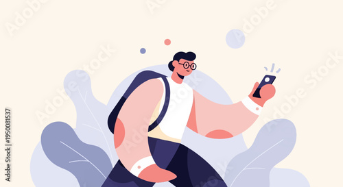 Stylized person in casual clothing with backpack and phone outdoors