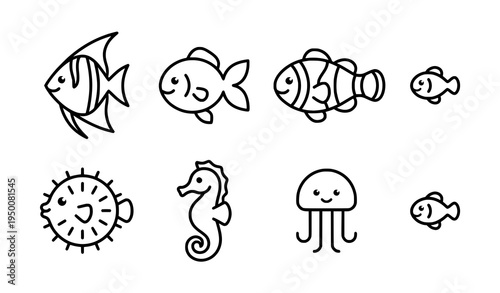 Cute fish line icon set minimal black outline aquatic animal vector icons isolated on white background