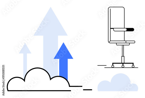 Business success, career growth, workplace productivity, innovation, startup development, professional goals. Arrows rising from a cloud with an office chair. Business success and career growth