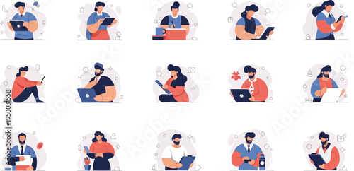 Diverse individuals engaged in various tasks with digital devices