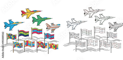 Coloring page vector illustration of fighter jets flying over abstract flags, featuring both full color and black and white line art versions.