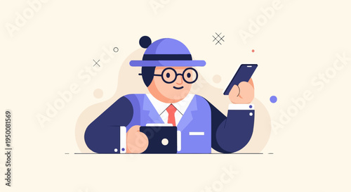 Stylized man in hat and glasses holding phone and briefcase