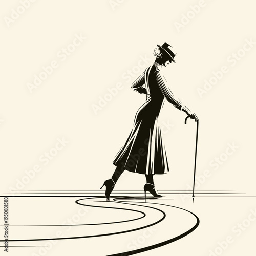 Elegant woman walking with cane in stylish outfit on minimalist background
