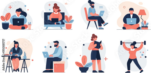 Diverse individuals engaged in work, study, and fitness activities within a modern setting