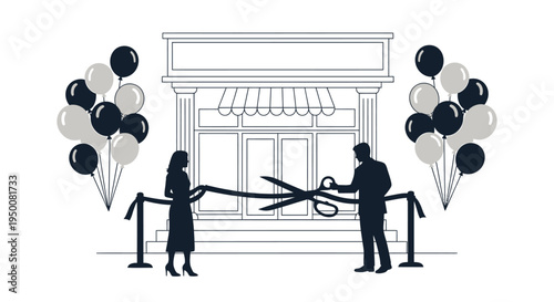 Man and woman cutting ribbon at store opening.