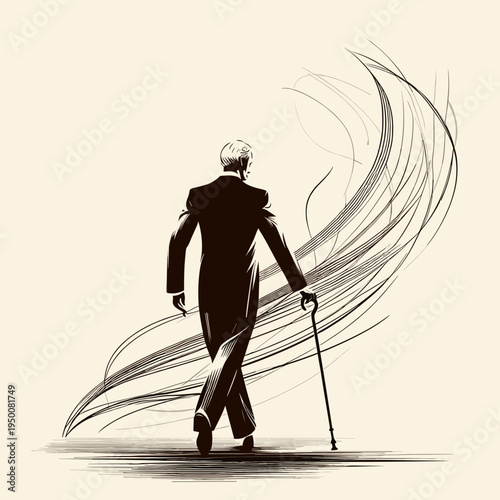 Elegant man walking with a cane, stylish silhouette, graceful motion, minimalistic background