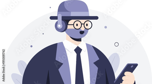Stylized man in hat and glasses with headphones holding phone