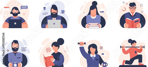 Diverse individuals engaged in work, study, and fitness activities