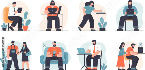 Diverse individuals engaged in various office and work-related activities indoors