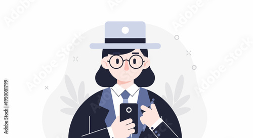 Stylized person in hat and suit holding a smartphone and pen