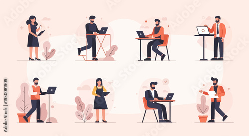 Diverse individuals engaged in various work activities with laptops and documents