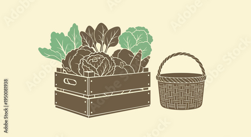Illustration of Vegetables in Wooden Crate and Basket.