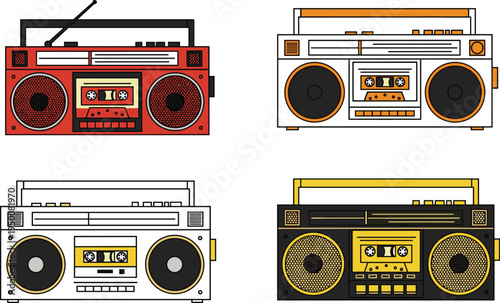 Vintage retro boombox vector illustration set featuring colorful cassette tape players, classic audio equipment, old school stereo radio designs.