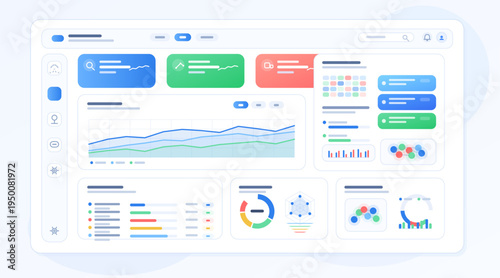 Clean modern analytics dashboard interface with charts, widgets, cards, line graphs, gauges, and colorful business data panels in a light admin UI layout for web applications.