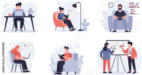 Diverse individuals engaged in various productive activities, including work and leisure