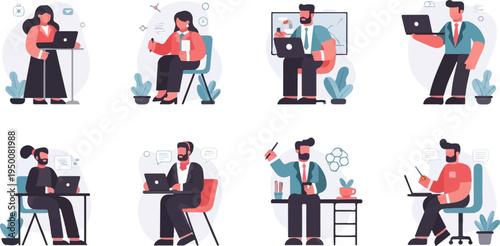 Diverse individuals engaged in work-related activities using technology and planning