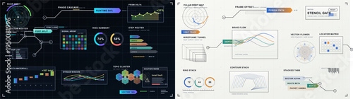 Dual futuristic dashboard interface set featuring dark neon HUD panels and light minimal infographic widgets with charts, radar maps, routing diagrams, gauges, and technical UI elements.