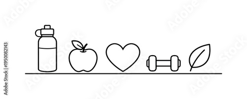 Healthy daily lifestyle routine supporting balanced wellbeing, steady energy, and long term personal health through simple consistent habits, water bottle, apple, heart symbol