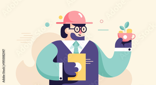 Stylized man in hat holds cup with plant and yellow cubes