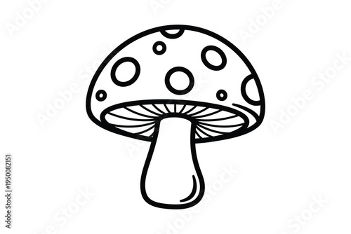 A black and white illustration of a mushroom with spots on a white background, simple line drawing of a toadstool with a rounded cap and stem.