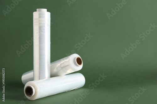 Rolls of stretch wrap on gr...