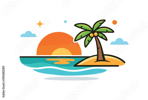 Summer holiday mood and peaceful tropical coastline at sunset, a stylized sun touching the ocean horizon beside a small palm tree forming a clear visual metaphor for quiet beach