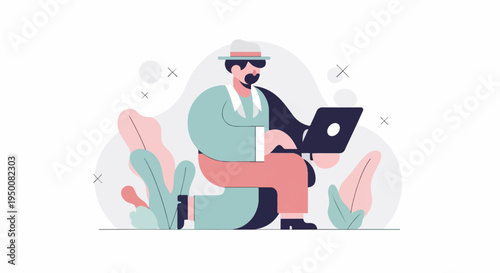 Stylized man in hat sits outdoors with laptop, surrounded by abstract foliage