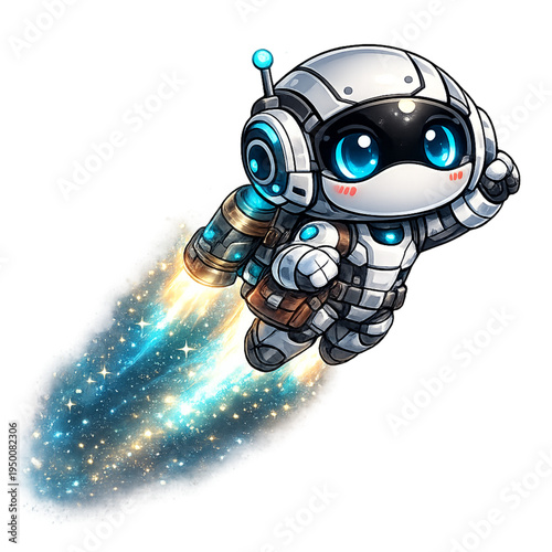 cheerful robot soaring with jetpack, cute flying robot illustration, kawaii robot with jetpack art, futuristic robot flying character, adorable robot jetpack doodle, cartoon robot soaring in sky, play